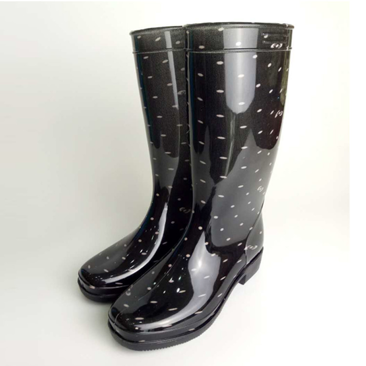 WHOLESALE CUSTOM PRINTED FASHION LADIES BLACK WELLIES WATER PROOF KNEE GUMBOOTS FOR WORKING WITH STEEL TOP CAP SAFETY GUM BOOT ON SALE